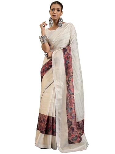 AKHILAM Damen Jute-Seide Kalamkari bedruckter Spiegel Arbeit Saree mit ungesäumtem Blusenteil (PNORMA101_SU_Parent), weiß, One size von AKHILAM