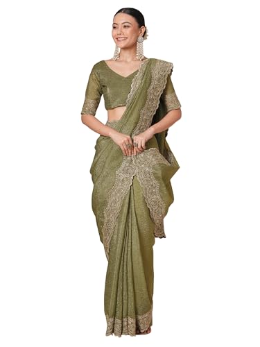 AKHILAM Damen Poly Chiffon bestickter Sari mit ungesäumtem Blusenteil (RANI1902_RN_Parent), olivgrün, One size von AKHILAM