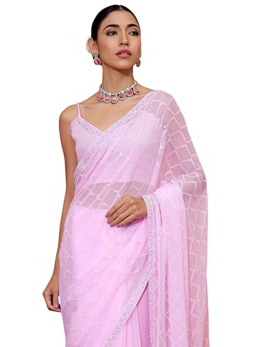 AKHILAM Damen Saree mit Georgette-Verzierung und ungenähter Bluse (SIMMER1001_SL_Parent), rose, One size von AKHILAM