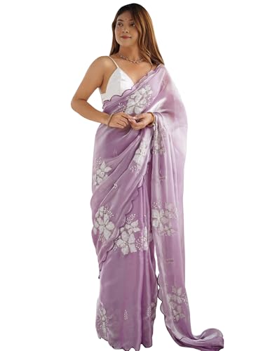 AKHILAM Damen Shimmer Organza Sequence Stickerei Sari mit ungesäumtem Blusenteil, Lavendel, Einheitsgröße von AKHILAM