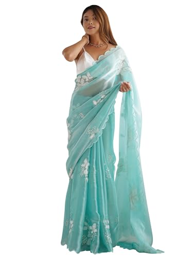 AKHILAM Damen Shimmer Organza Sequence Stickerei Sari mit ungesäumtem Blusenteil, blau2, One size von AKHILAM