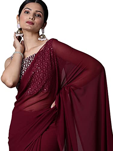 AKHILAM Damen Solid Embellished Georgette Saree mit ungenähtem Blusenstück (METLIC201_Parent), Magenta, Einheitsgröße von AKHILAM