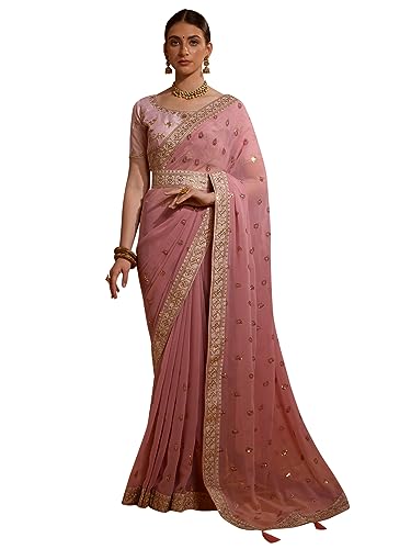 AKHILAM Damen Verzierter verzierter bedruckter Georgette-Sari mit ungenähtem Blusenstück (RIDDHI101_VP_Parent), Pink, Einheitsgröße von AKHILAM