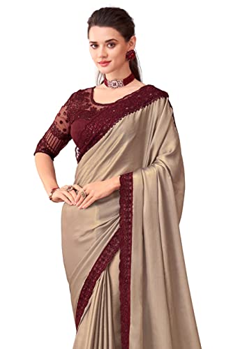 AKHILAM Damen und Mädchen Stickerei Spitze & Sequenz Stickerei Georgette Saree mit ungenähter Bluse Stück (SNDLWOD1101_TFH_Parent), Beige, Einheitsgröße von AKHILAM