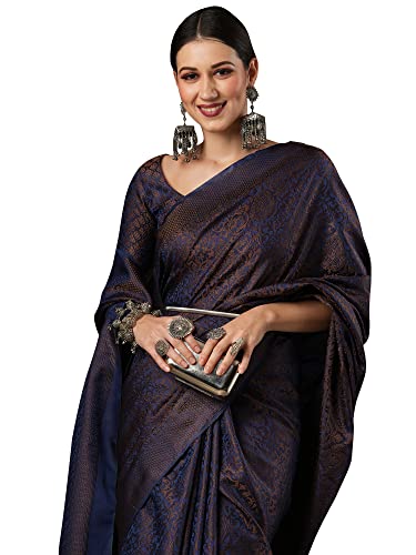 AKHILAM Indische Frauen Marineblau Gewebtes Design Banarasi Seide Saree mit Ungenäht Bluse Stück (SOHNA2001_Parent), Marineblau, Einheitsgröße von AKHILAM
