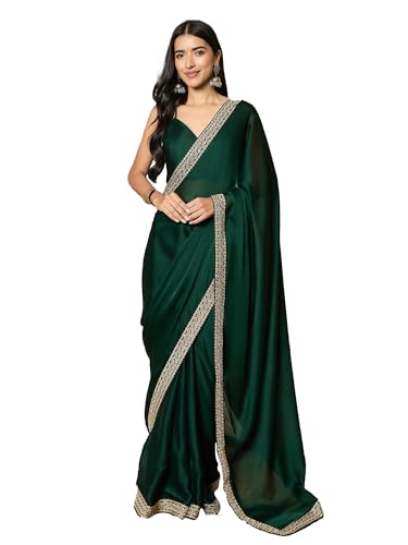 AKHILAM RTWRADHA1001_RX_Parent Damen-Saree aus Satin, einfarbig, gebrauchsfertig, eine Minute mit ungesäumter Bluse, dunkelgrün, One size von AKHILAM