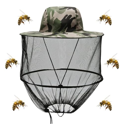 AKJAXQU Mückenschutzhut, Camouflage Imkerhut, Anti-Mücke Biene Bug Insekt Fly Maske, Kopf Net Mesh Gesichtsschutz, Outdoor Angelausrüstung, Unisex, Large, Tarnfarbe von AKJAXQU