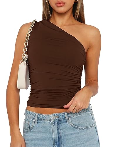 AKLOPVII Damen One Shoulder Geraffte Crop Tank Tops Slim Fit Ärmellos Asymmetrisch Y2k Ausgehen Trendiges Top Workout Teen, Braun, Groß von AKLOPVII