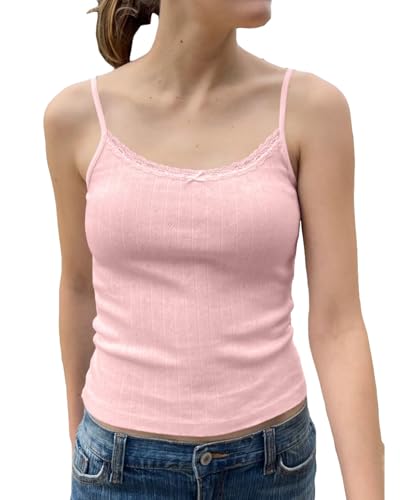 AKLOPVII Damen Y2K Spitze Patchwork Schleife Pointelle Knit Crop Cami Tops Ärmellos Spaghettiträger Slim Fit Minimalistisches Tank, Pink, Klein von AKLOPVII