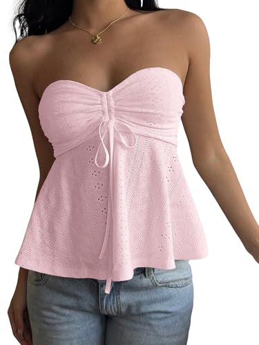 AKLOPVII Damen Y2k Vintage Gelb Ösen Geraffte Crop Tube Tops Niedlich Trägerlos Kordelzug Krawatte Ausgestelltes Bandeau Ausgehen, Pink, Groß von AKLOPVII