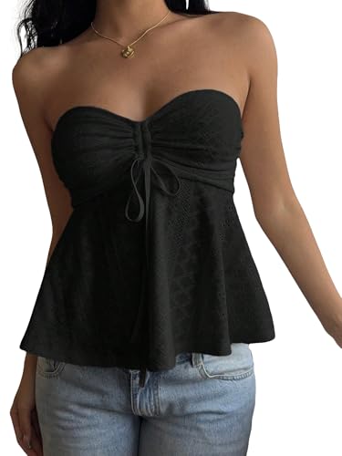 AKLOPVII Damen Y2k Vintage Gelb Ösen Geraffte Crop Tube Tops Niedlich Trägerlos Kordelzug Krawatte Ausgestelltes Bandeau Ausgehen, Schwarz, Groß von AKLOPVII