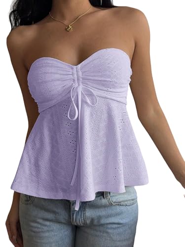 AKLOPVII Damen Y2k Vintage Gelb Ösen Geraffte Crop Tube Tops Niedlich Trägerlos Kordelzug Krawatte Ausgestelltes Bandeau Ausgehen, Violett, Groß von AKLOPVII