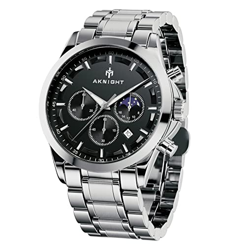 AKNIGHT Herrenuhr Mode Analog Chronograph 30M wasserdichte Quarz Edelstahl Uhren Silber Casual Design Armbanduhren für Herren mit Schwarz Zifferblatt Elegantes Geschenk von AKNIGHT