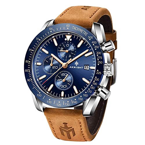 AKNIGHT Uhren Herren Analog Chronograph Quarz Herrenuhren 30M Wasserdicht Leuchtende Edelstahl Armbanduhren Lässig Sport Multifunktions Lederuhr fur Männer von AKNIGHT