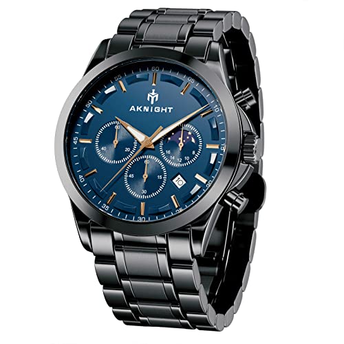 AKNIGHT Herrenuhr Mode Analog Chronograph 30M wasserdichte Quarz Edelstahl Uhren Schwarz Casual Design Armbanduhren für Herren mit Blau Zifferblatt Elegantes Geschenk von AKNIGHT