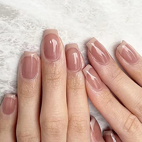 24 Stück Press on Nails Kurz, French Milk White Künstliche Nägel, Gradient Pink Glossy French Fake Nails Kurz mit Nagelkleber, Acryl Nägel Zum Aufkleben für Frauen und Mädchen von AKOFIC