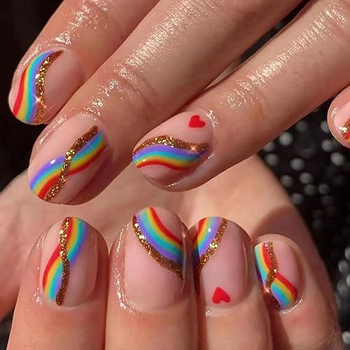 AKOFIC 24 Stück Eckig Nägel zum Aufkleben Kurz, Press on Nails French mit Nagelkleber Aufkleber, Nude Fake Nails Regenbogen Glitzer Design, Acryl Ballerina Künstliche Fingernägel für Frauen Mädchen von AKOFIC