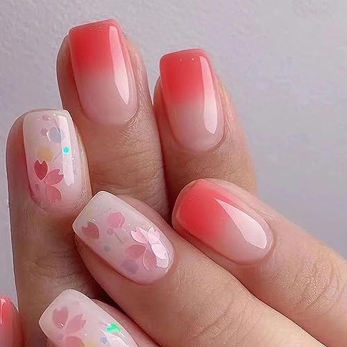 AKOFIC 24 Stück Eckig Nägel zum Aufkleben Kurz, Press on Nails French mit Nagelkleber Aufkleber, Rot Glossy Ombre Fake Nails Blumen Design, Acryl Ballerina Künstliche Fingernägel für Frauen Mädchen von AKOFIC