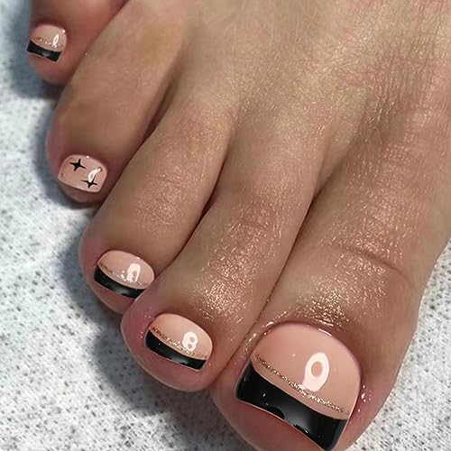 AKOFIC 24 Stück Fußnägel Zum Aufkleben Kurz, French Künstliche Fussnägel Selbstklebend, Ballerina Falsche Zehennägel Schwarz Rosa Glitzer Design mit Klebepads für Frauen Mädchen von AKOFIC