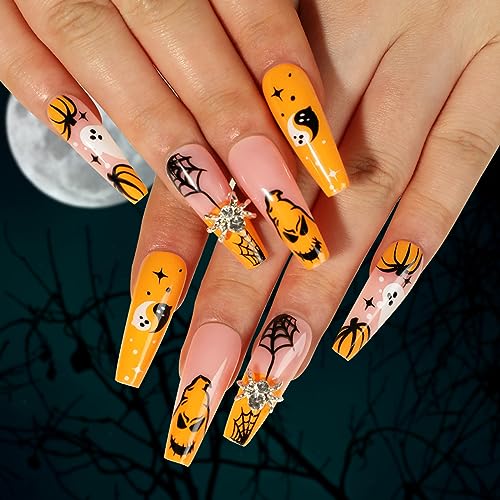 AKOFIC 24 Stück Halloween Künstliche Nägel Zum Aufkleben Sarg, Press on Nails Kunstnägel mit Klebepads, Fake Nails Gelb Kürbis Geister Design Falsche Fingernägel für Frauen Mädchen Cosplay von AKOFIC