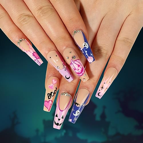 AKOFIC 24 Stück Halloween Künstliche Nägel Zum Aufkleben Sarg, Press on Nails Kunstnägel mit Klebepads, Fake Nails Kürbis Geister Herz Diamond Design Falsche Fingernägel für Frauen Mädchen Cosplay von AKOFIC