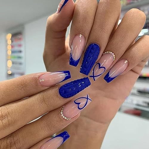 AKOFIC 24 Stück Nägel zum Aufkleben Mittellang, Sarg Press on Nails French, Nude Blau Ballerina Kunstnägel mit Herz Diamond Design, Coffin Fake Nails Künstliche Fingernägel für Frauen Mädchen von AKOFIC