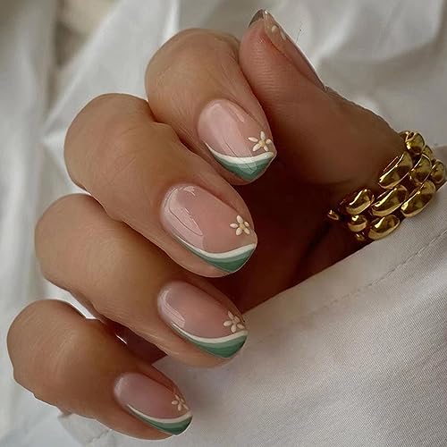 AKOFIC 24 Stück Press on Nails Kurz, Eckig Natur Nägel Zum Aufkleben French, Fake Nails Sommer Blumen Design, Full Cover Kunstnägel Fingernägel mit Klebepads für Frauen und Mädchen von AKOFIC