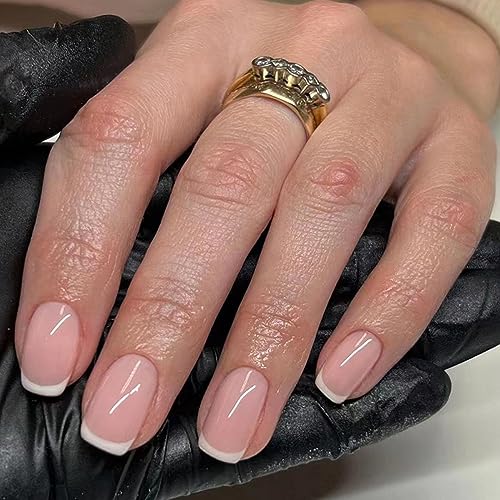 AKOFIC 24 Stück Press on Nails Kurz, Eckig Natur Nägel Zum Aufkleben French, Fake Nails Sommer Nude Design, Full Cover Kunstnägel Fingernägel mit Klebepads für Frauen und Mädchen von AKOFIC