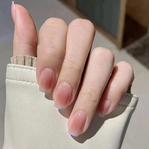 AKOFIC 24 Stück Press on Nails Kurz, French Ballerina Acryl Künstliche Nägel, Nägel Zum Aufkleben mit Jelly Nagelkleber, Fake Nails für Frauen Mädchen (Gradient Nude Lila) von AKOFIC