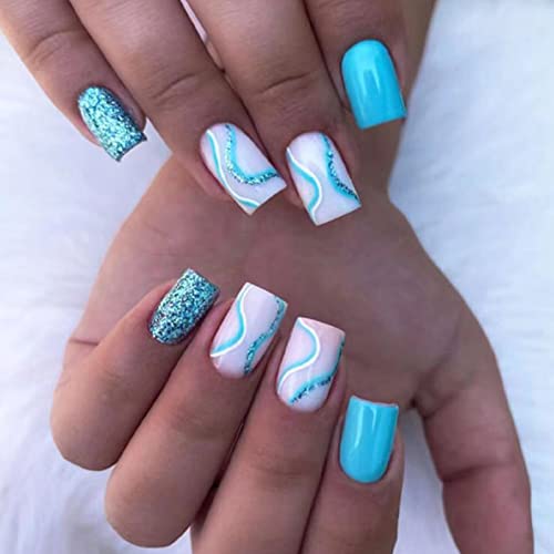 AKOFIC 24 Stück Press on Nails Kurz, French Ballerina Acryl Künstliche Nägel, Nägel Zum Aufkleben mit Jelly Nagelkleber, Fake Nails für Frauen Mädchen (Pailletten Blaue Kräuselung) von AKOFIC