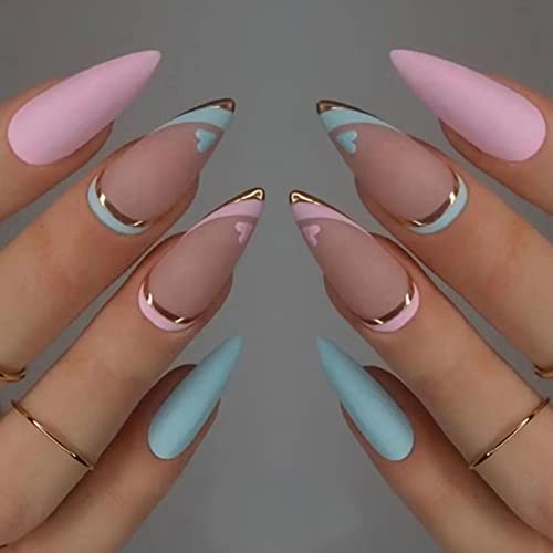 AKOFIC 24 Stück Press on Nails Kurz, French Mandel Acryl Künstliche Nägel, Nägel Zum Aufkleben mit Jelly Nagelkleber, Fake Nails für Frauen Mädchen (Blau Rosa Nude) von AKOFIC