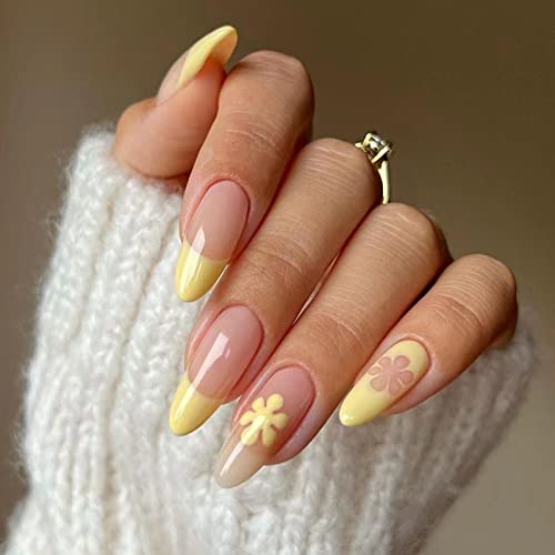 AKOFIC 24 Stück Press on Nails Kurz, French Mandel Acryl Künstliche Nägel, Nägel Zum Aufkleben mit Jelly Nagelkleber, Fake Nails für Frauen Mädchen (Blume Gelber Nude) von AKOFIC