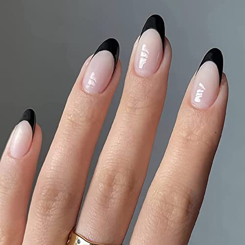 AKOFIC 24 Stück Press on Nails Kurz, French Oval Acryl Künstliche Nägel, Nägel Zum Aufkleben mit Jelly Nagelkleber, Mandel Fake Nails für Frauen Mädchen (Schwarz Rosa) von AKOFIC