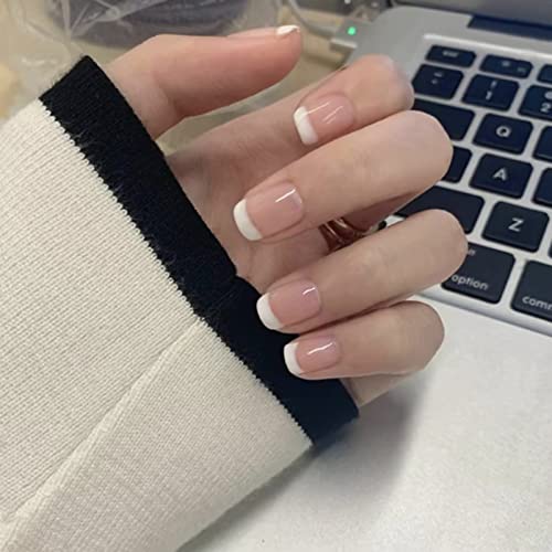 AKOFIC 24 Stück Press on Nails Kurz, French Quadrat Künstliche Nägel, Nägel Zum Aufkleben mit Jelly Nagelkleber, Weiße Rosa Nude Ballerina Acryl Fake Nails für Frauen und Mädchen von AKOFIC