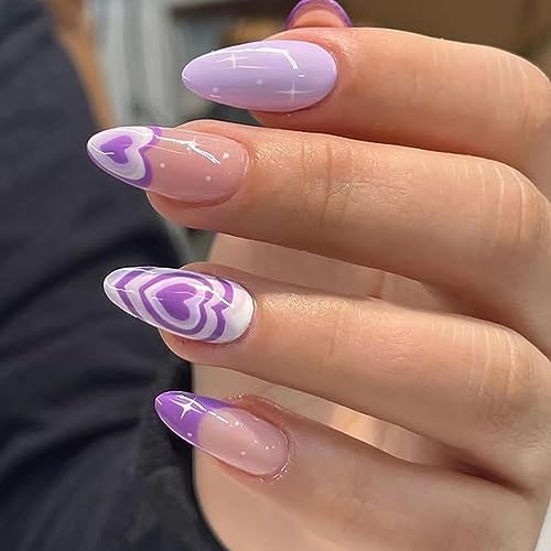 AKOFIC 24 Stück Press on Nails Kurz Mandel, Künstliche Nägel zum Aufkleben, Glossy Lila Fake Nails Herz Design, Kunstnägel Falsche Fingernägel mit Nagelkleber Aufkleber für Frauen von AKOFIC