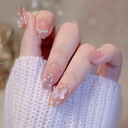 AKOFIC 24 Stück Press on Nails Kurz Sarg, French Acryl Ballerina Künstliche Nägel, Nägel Zum Aufkleben mit Jelly Nagelkleber, Perle Schmetterling Fake Nails für Frauen Mädchen von AKOFIC