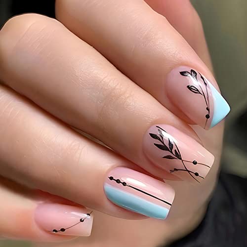 AKOFIC 24 Stück Press on Nails Kurz Sarg, French Acryl Künstliche Nägel, Nägel Zum Aufkleben mit Jelly Nagelkleber, Blattdruck Ballerina Fake Nails für Frauen Mädchen von AKOFIC