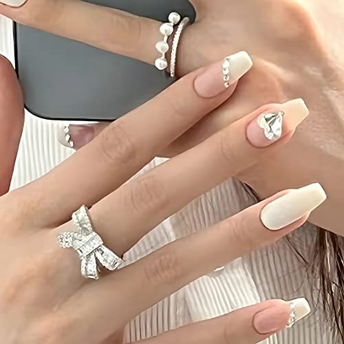 AKOFIC 24 Stück Press on Nails Kurz Sarg, French Acryl Künstliche Nägel, Nägel Zum Aufkleben mit Jelly Nagelkleber, Diamant Nude Ballerina Fake Nails für Frauen Mädchen von AKOFIC