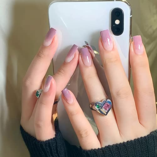 AKOFIC 24 Stück Press on Nails Kurz Sarg, French Acryl Künstliche Nägel, Nägel Zum Aufkleben mit Jelly Nagelkleber, Lila Gradient Ballerina Fake Nails für Frauen Mädchen von AKOFIC