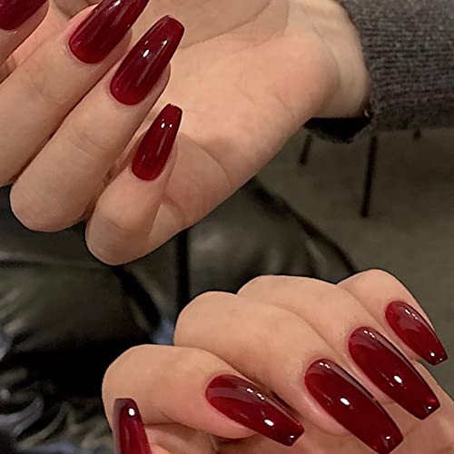 AKOFIC 24 Stück Press on Nails Lang, French Sarg Acryl Künstliche Nägel, Nägel Zum Aufkleben mit Jelly Nagelkleber, Fake Nails für Frauen Mädchen (Glänzendes Rot) von AKOFIC