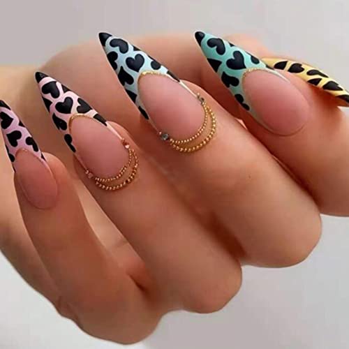 AKOFIC 24 Stück Press on Nails Mandel, French Oval Acryl Künstliche Nägel, Nägel Zum Aufkleben mit Jelly Nagelkleber, Stiletto Leopardenmuster Fake Nails für Frauen Mädchen von AKOFIC