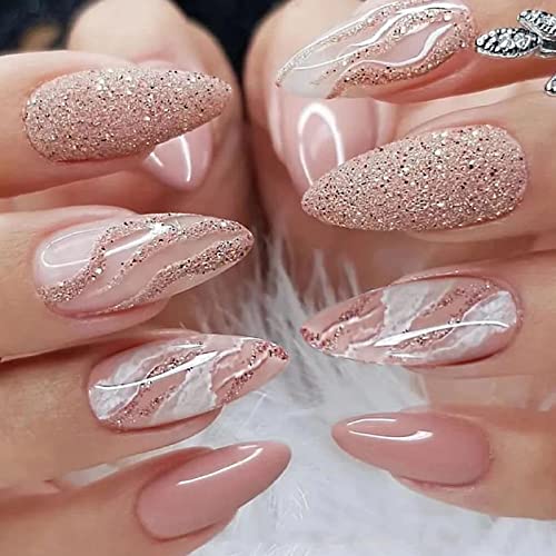 AKOFIC 24 Stück Press on Nails Mandel, Mittlere Länge French Künstliche Nägel, Nägel Zum Aufkleben mit Nagelkleber, Nude Acryl Fake Nails für Frauen und Mädchen von AKOFIC