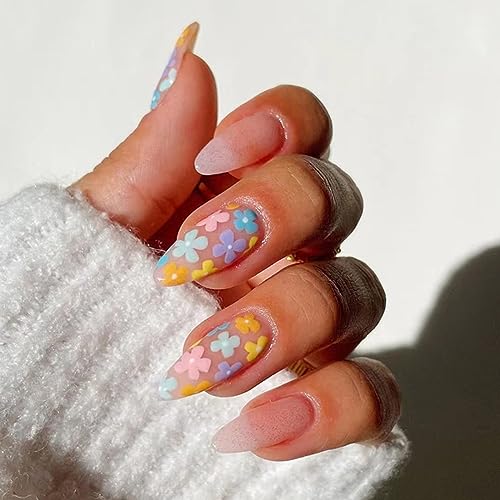 AKOFIC 24 Stück Press on Nails Mandel Mittellang, Künstliche Nägel zum Aufkleben, Sommer Natur Fake Nails Bunt Blumen Design, Kunstnägel Falsche Fingernägel mit Nagelkleber Aufkleber für Frauen von AKOFIC