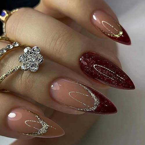 AKOFIC 24 Stück Press on Nails Mandel Mittellang, Stiletto Künstliche Nägel zum Aufkleben, Rot Glossy Fake Nails Glitzer Design, Kunstnägel Falsche Fingernägel mit Nagelkleber Aufkleber für Frauen von AKOFIC