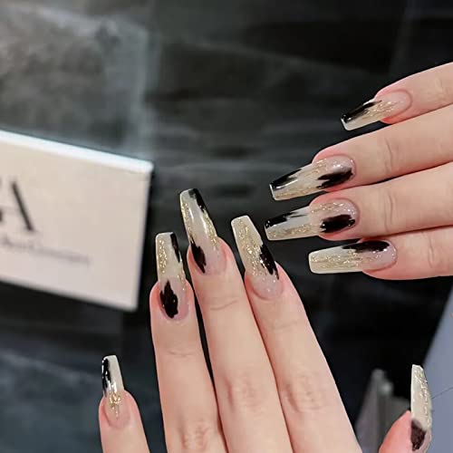AKOFIC 24 Stück Press on Nails Mittlere Sarg, French Acryl Künstliche Nägel, Nägel Zum Aufkleben mit Jelly Nagelkleber, Ballerina Fake Nails für Frauen Mädchen (Schwarz Gold Glitter) von AKOFIC