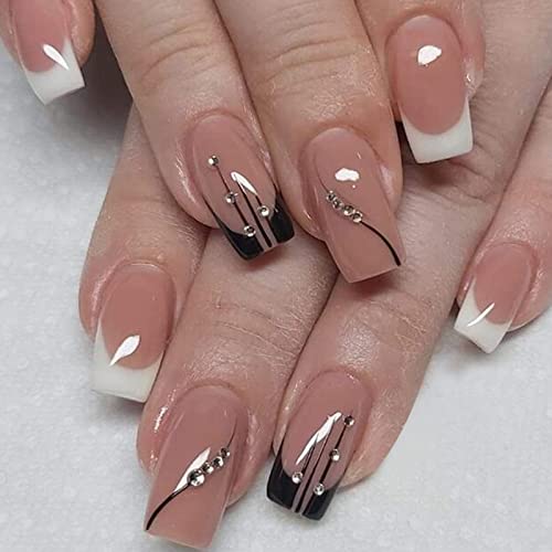 AKOFIC 24 Stück Press on Nails Mittlere Sarg, French Acryl Künstliche Nägel, Nägel Zum Aufkleben mit Jelly Nagelkleber, Glitter Nude Ballerina Fake Nails für Frauen Mädchen von AKOFIC