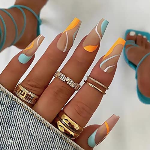 AKOFIC 24 Stück Press on Nails Mittlere Sarg, French Acryl Künstliche Nägel, Nägel Zum Aufkleben mit Jelly Nagelkleber, Nahtfarbe Ballerina Fake Nails für Frauen Mädchen von AKOFIC