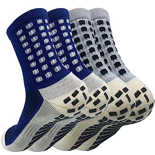 AKOFIC Grip Socken Fussball, Anti Rutsch Tape Design Football Socks, Anti Schweiß, Anti Blasen, Atmungsaktive Fussballsocken Tennissocken Sportsocken Herren Damen, 2 Paar (39-46) (Grau & Blau) von AKOFIC