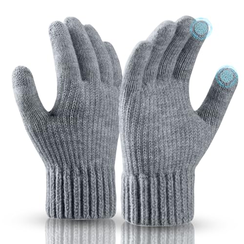 AKOFIC Strickhandschuhe Touchscreen Winterhandschuhe Herren, Hochwertige Verdickte Thermo Handschuhe, Warm Winddichte Wanderhandschuh, Rutschfeste Fahrrad Handschuhe Sport für Männer Damen (Grau) von AKOFIC