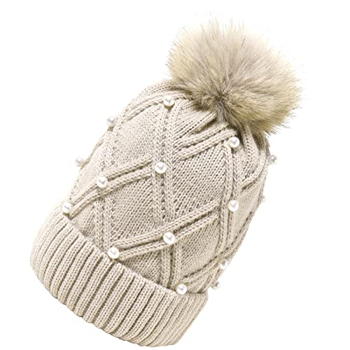 AKOFIC Wintermütze Damen, Warme Strickmütze Damen Mütze mit Kunstpelz Bommel, Strick Beanie Damen Winter Mütze Bommelmütze für Snowboard Fahrrad von AKOFIC